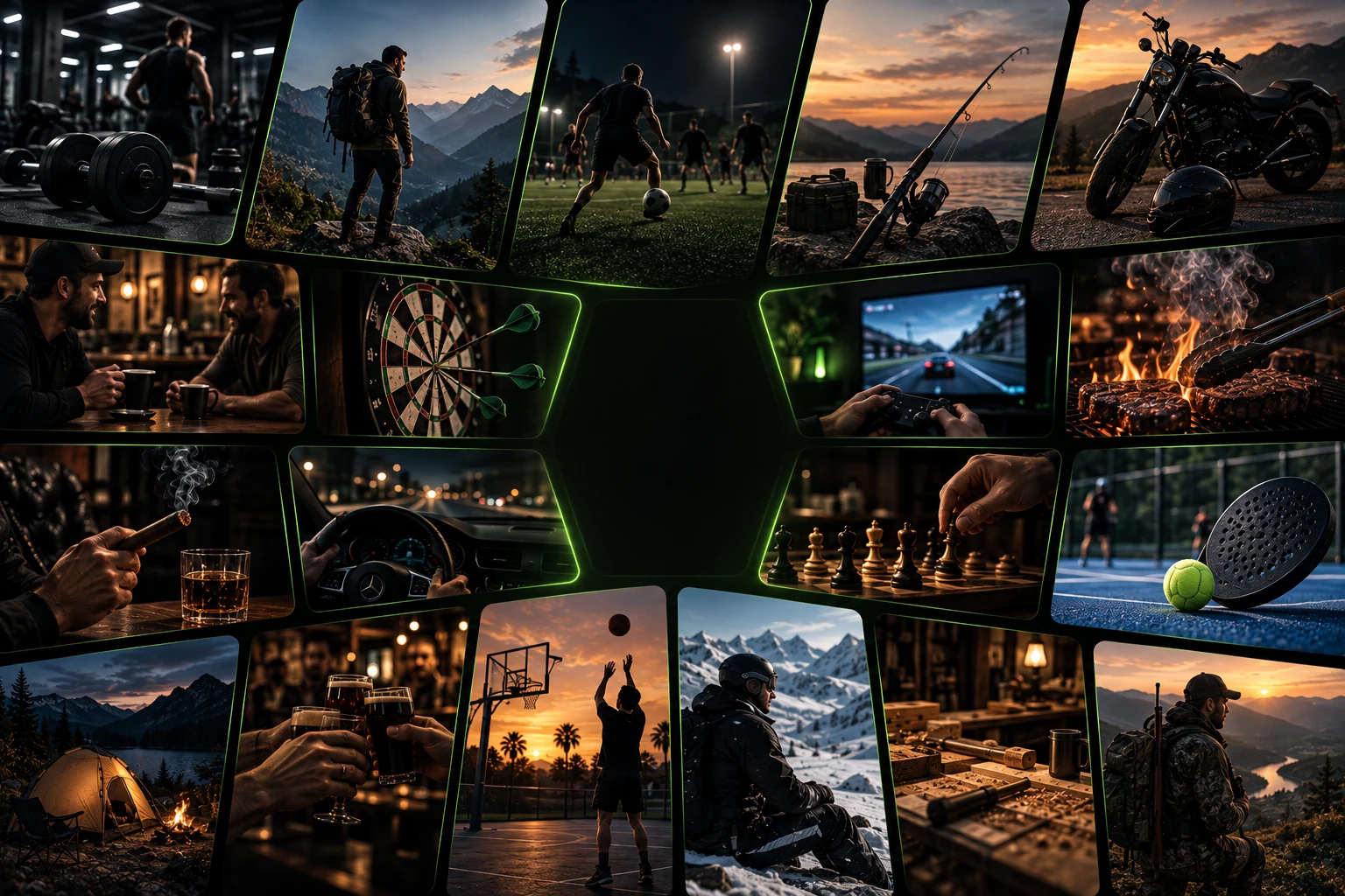 A grid of the things men actually do in a week: the gym, a hill walk, five-a-side, fishing, a motorbike, coffee, darts, a driving game, a barbecue, a whisky, a drive, chess, padel, camping, basketball, snowboarding, woodworking and a morning out with a dog.