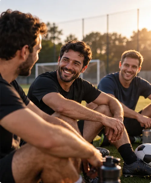 Three men in football kit sitting on the grass by a goal at sunset, talking and laughing after a game, with a ball and boots beside them.