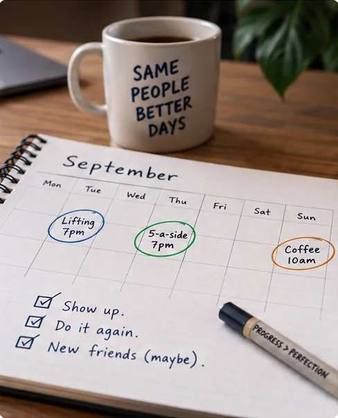 A paper month planner with Lifting 7pm on Tuesday, 5-a-side 7pm on Thursday and Coffee 10am on Sunday circled, beside a mug reading Same People Better Days.
