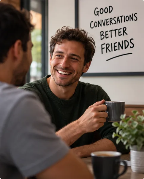 Two men talking over coffee in a cafe, one of them laughing, under a framed poster reading Good Conversations Better Friends.