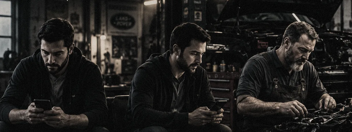 Three men across a workshop: two sitting with phones, and at the far end one working under the bonnet of a car.