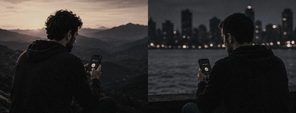 Two men apart, each checking in on the same daily commitment.