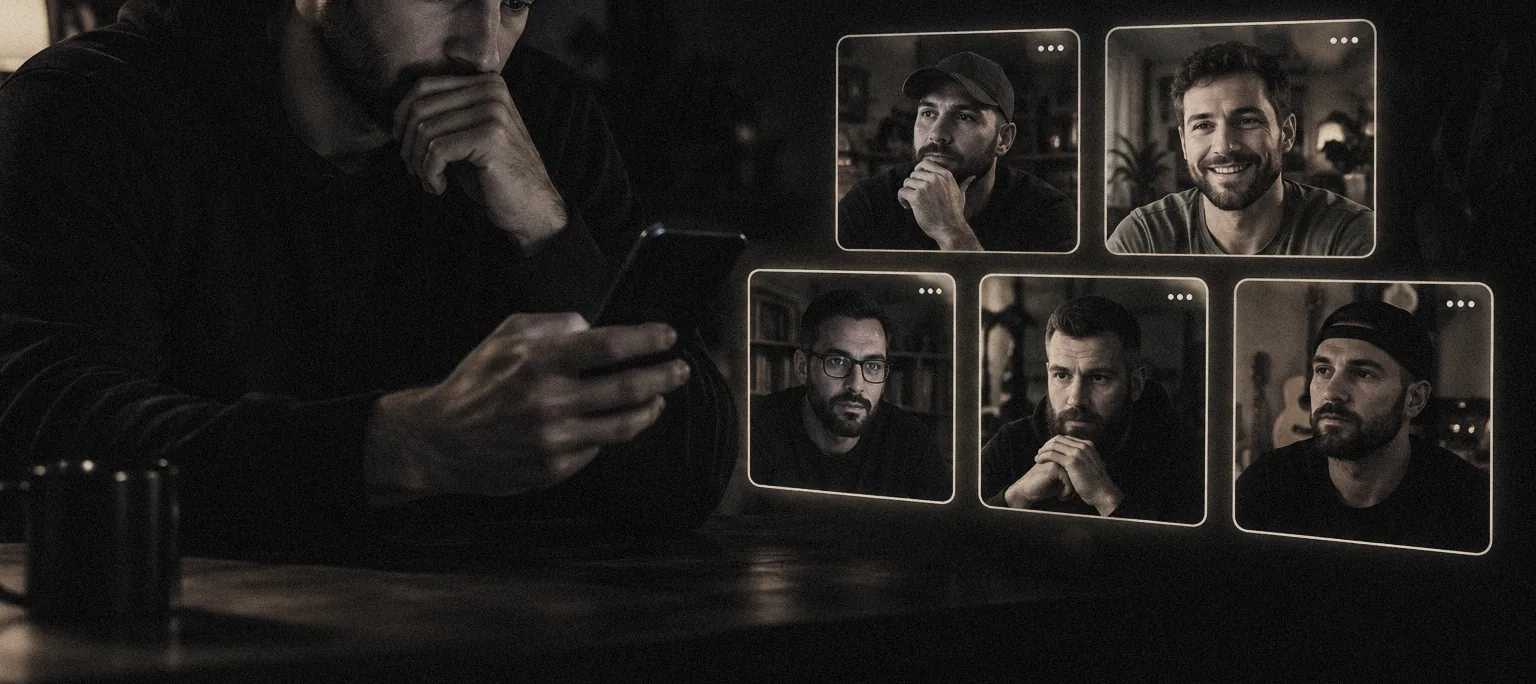 A man alone in a dark room with a phone held to his mouth, with other men lit in separate frames beside him.